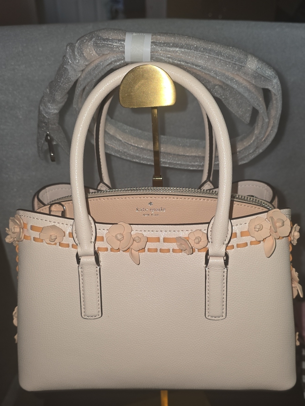 kate spade Light Peach satchel/Crossbody w/Darker peach floral trim new